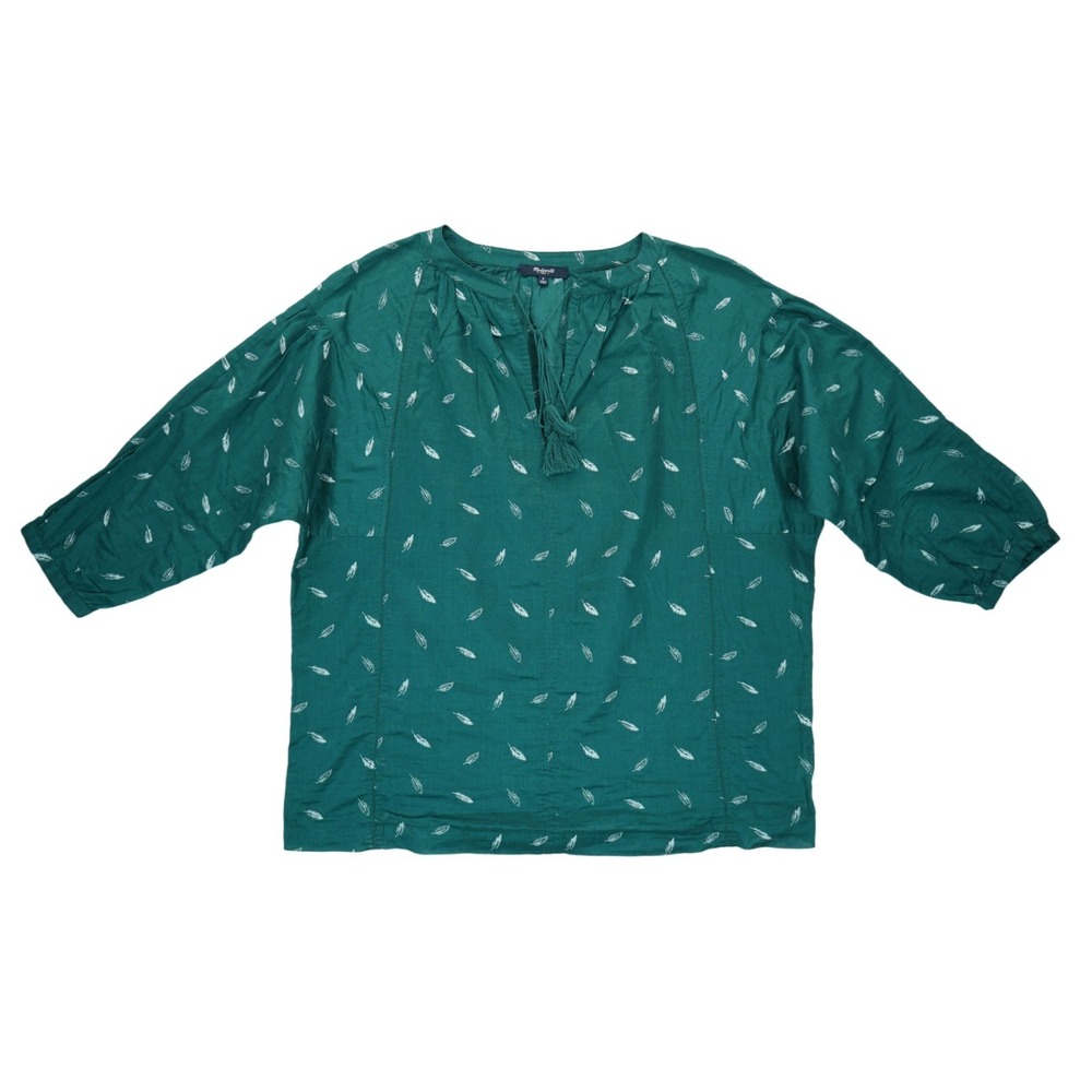 Madewell Womens Blouse Top Small Green Feather Print‎ 3/4 Sleeve Popover Preppy